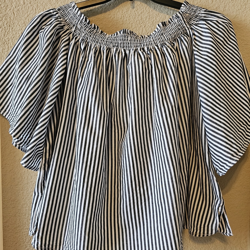 Eloquii Black and White Striped Off-Shoulder Blouse